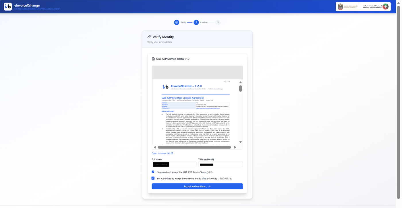 الشكل 12: صفحة Verify Identity التي تُظهر شروط خدمة مزوّد الخدمة المعتمد في الإمارات (UAE ASP) وبيانات مقدّم الطلب ومربّعات القبول.