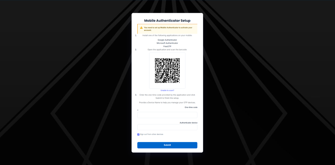الشكل 18: صفحة إعداد Mobile Authenticator مع رمز الاستجابة السريعة (QR) وخانة الرمز لمرة واحدة.