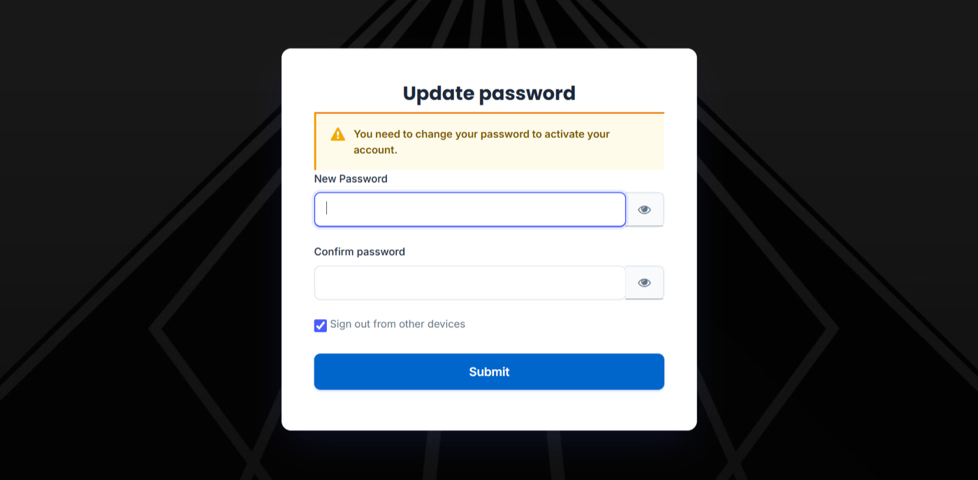 الشكل 19: صفحة Update password. أدخِل كلمة مرورك الجديدة وأكّدها، وأبقِ «Sign out from other devices» محدَّدًا، ثم انقر على Submit.